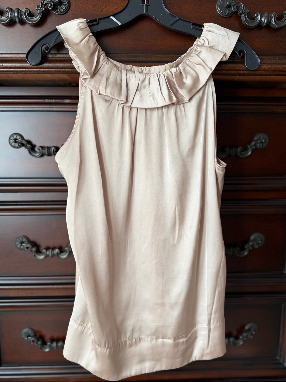 Agora Sleeveless Ruffle-Neck Tank Top in Light Beige